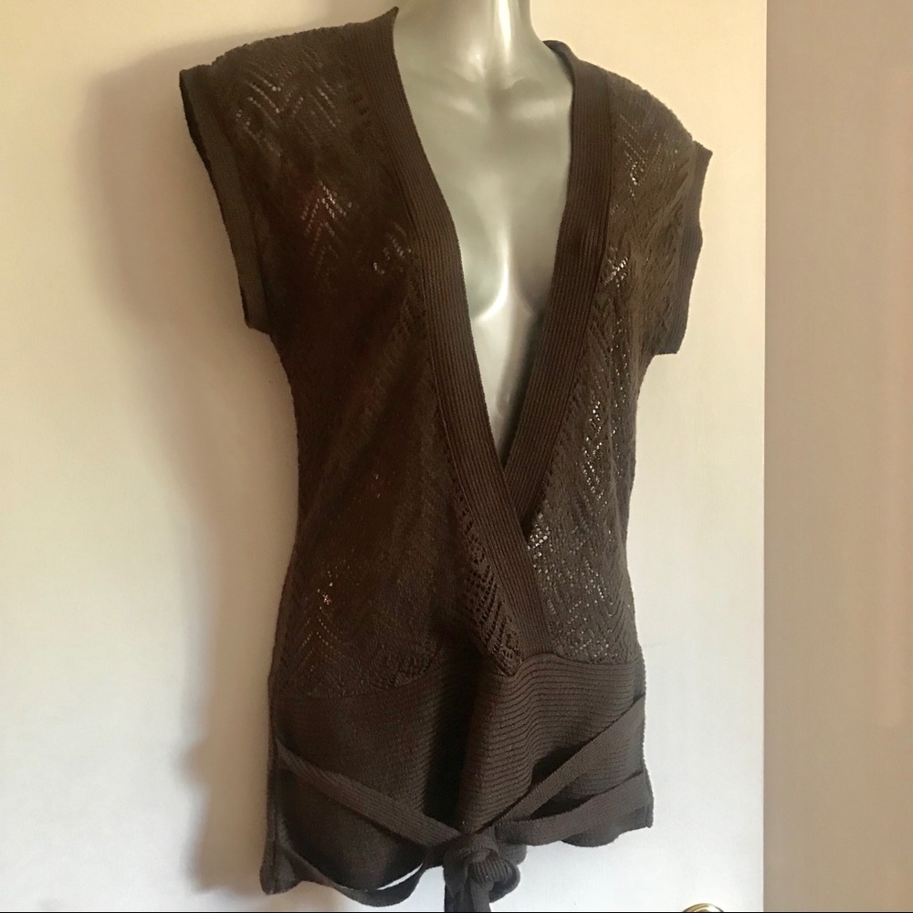 VTG Mexx Y2K Open Chevron Mesh Pointelle Knit Wrap Sweater Vest Top Brown Medium - Picture 5 of 12